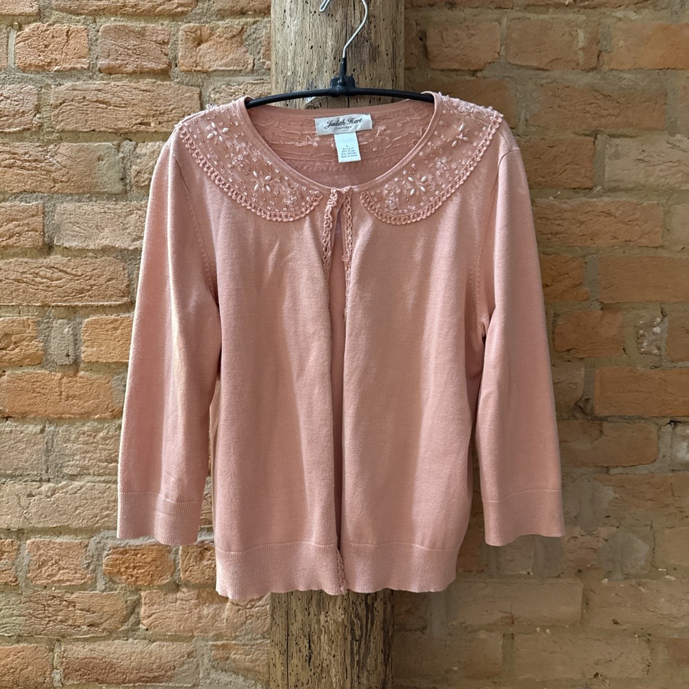 Judith Hart Cardigan Sweater Blend 3/4 Sleeve Pink Beaded Womens PL Granny Core